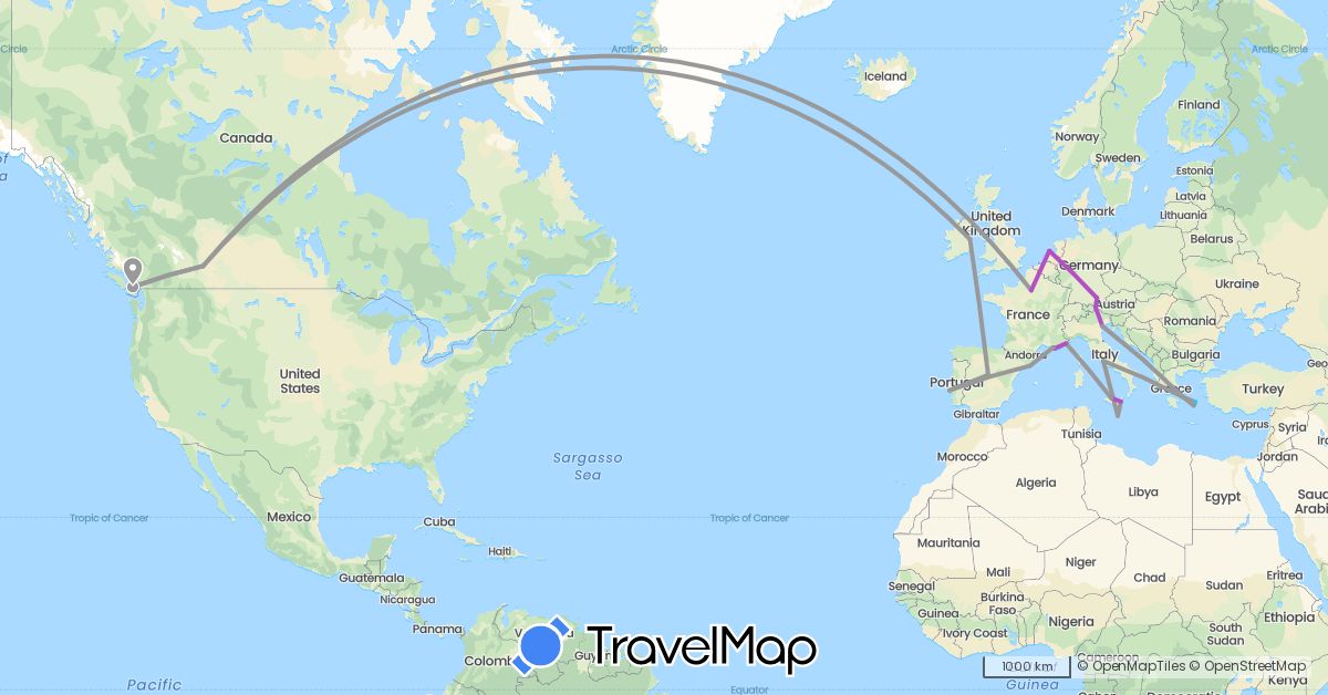 TravelMap itinerary: driving, plane, train, boat in Austria, Canada, Germany, Spain, France, Greece, Ireland, Italy, Malta, Netherlands, Portugal (Europe, North America)